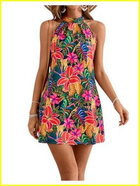 Sleeveless Floral Sundress Halter Neck A-Line Short Dress